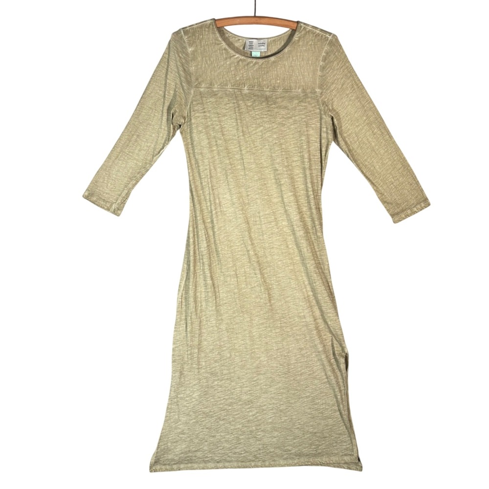 Saturday Sunday Anthropologie Tan Slub Cotton 3/4 Sleeve Midi T-Shirt Dress L